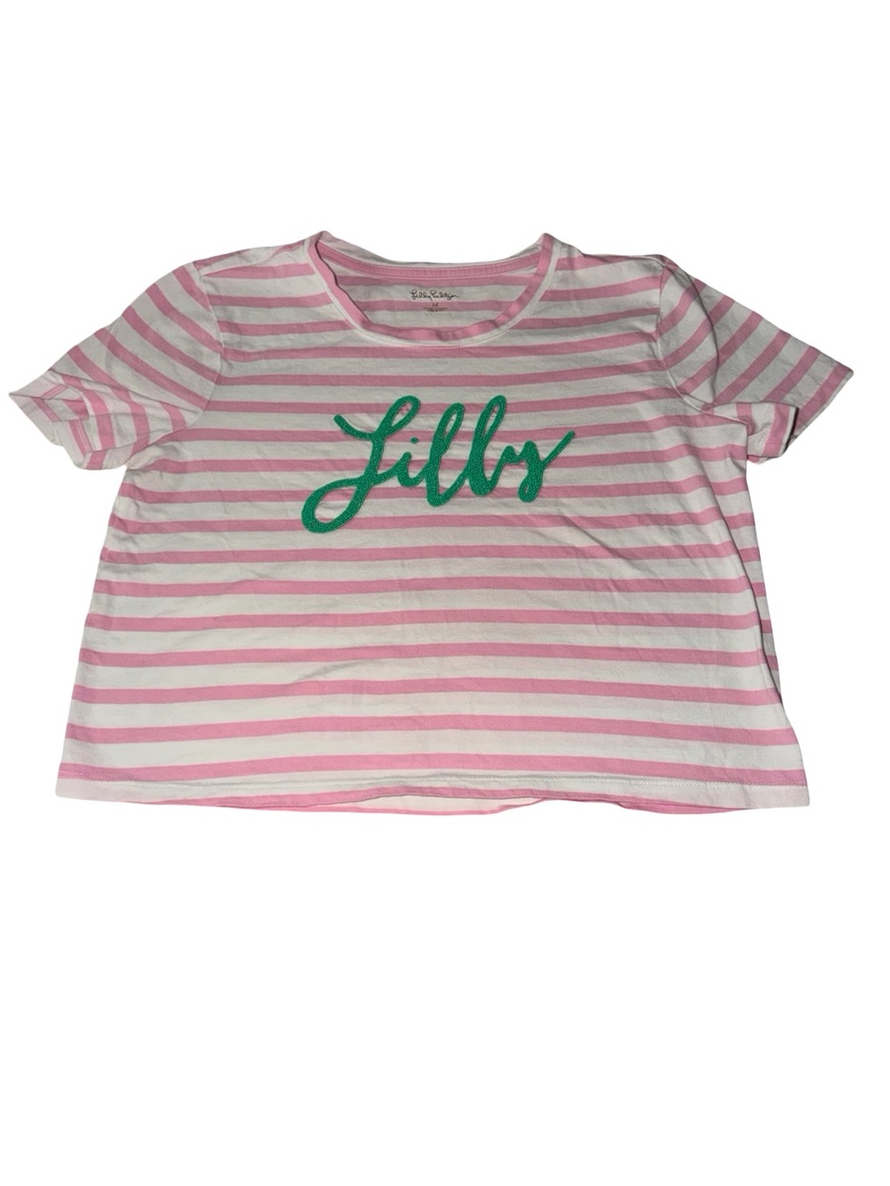 Lilly Pulitzer Cotton Pink White Striped Beaded Logo Crop Tee M